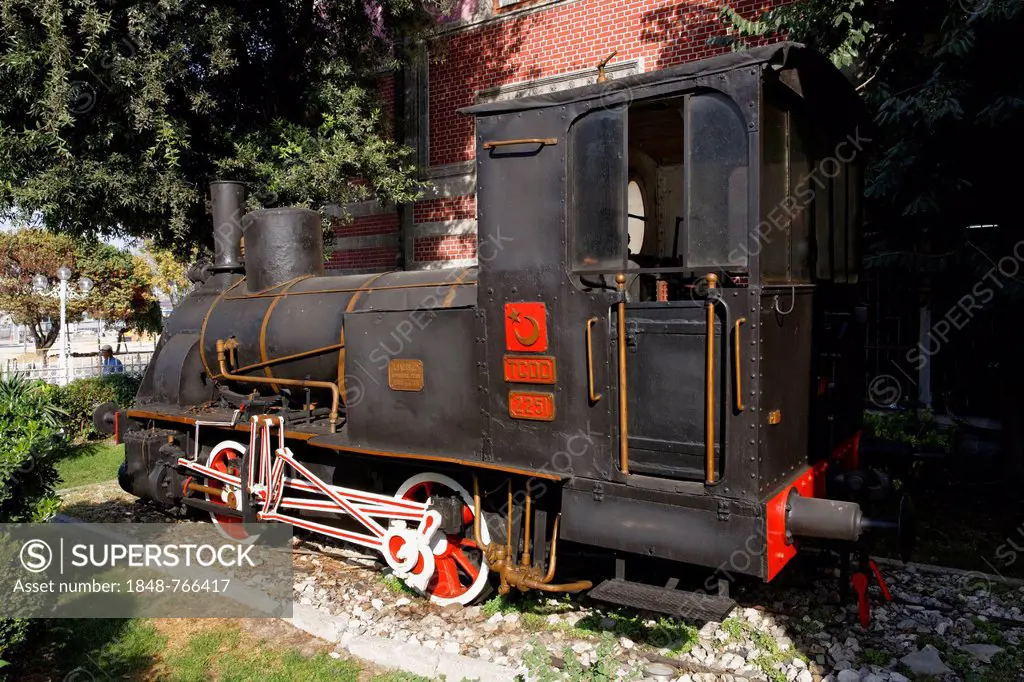 German steam locomotive, memorial in front of the Istanbul Sirkeci Terminal or stanbul Terminal, terminus of the Orient Express, Istanbul, Turkey, Eu...