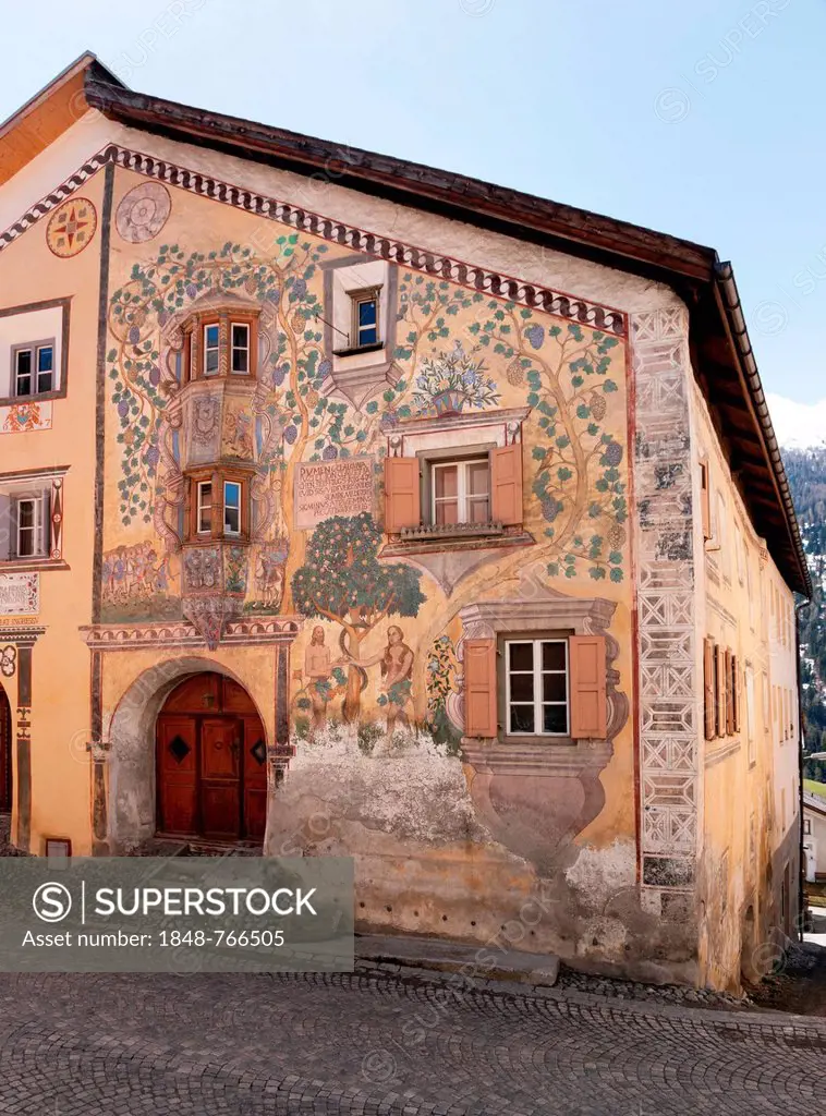Adam and Eve House in Ardez, facade, Lueftlmalerei mural painting