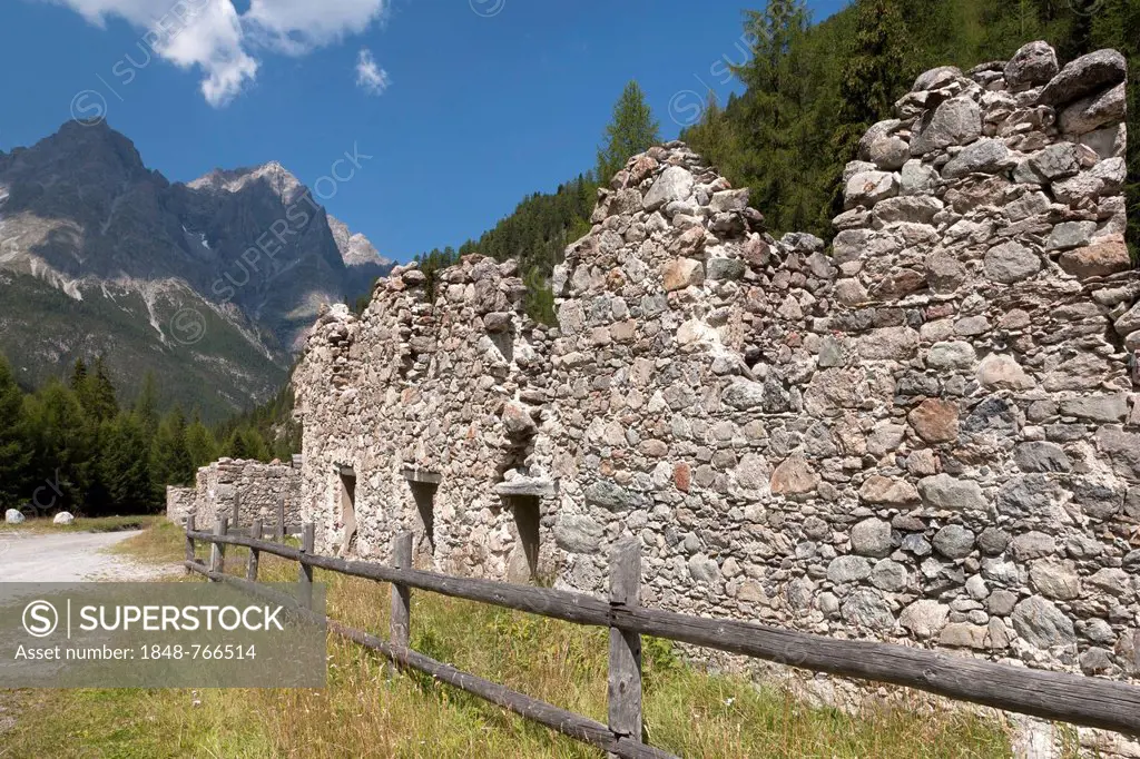 Mining ruins, stamp mill near S-charl, Scuol, S-charl valley, Engadine Dolomites