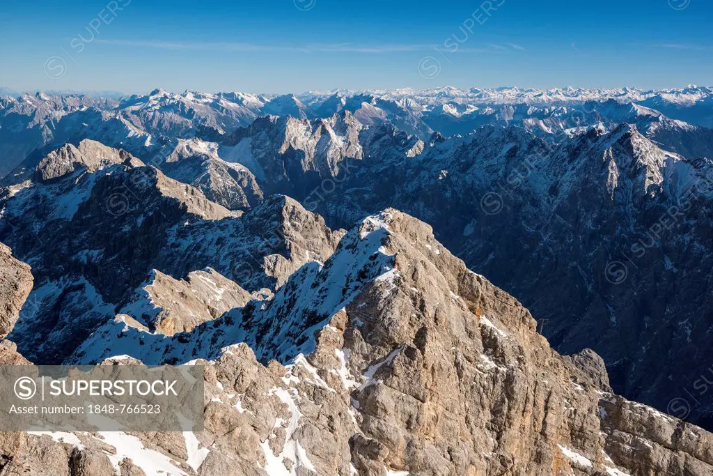 View from Mount Zugspitze to the Eastern Alps, Garmisch-Partenkirchen, Grainau, Upper Bavaria, Bavaria, Germany, Europe