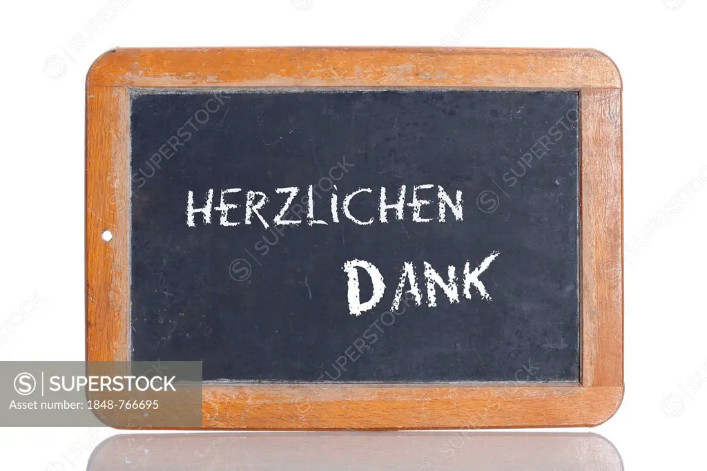 Old chalkboard, lettering HERZLICHEN DANK, German for MANY THANKS