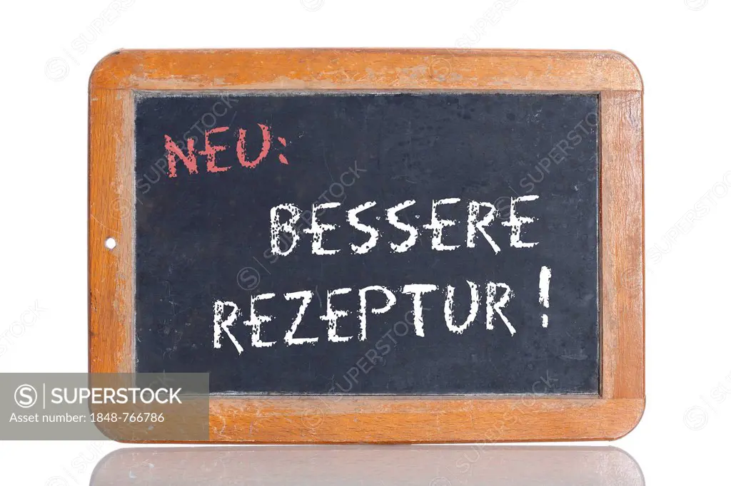 Old school blackboard with the words NEU: BESSERE REZEPTUR!, German for New: Improved recipe