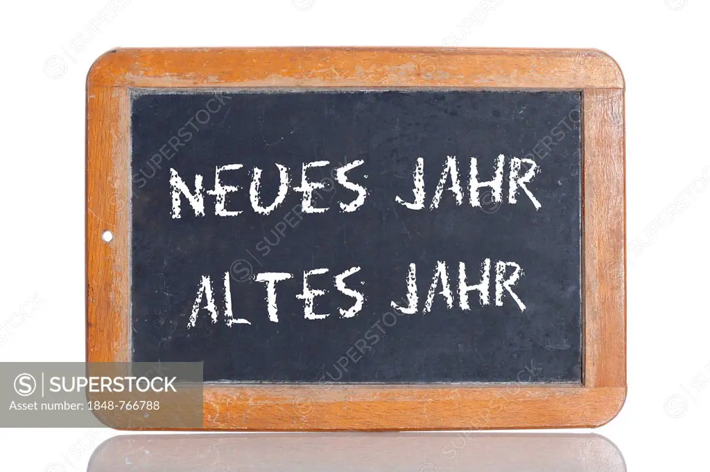 Old school blackboard with the words NEUES JAHR ALTES JAHR, German for New Year, Old Year