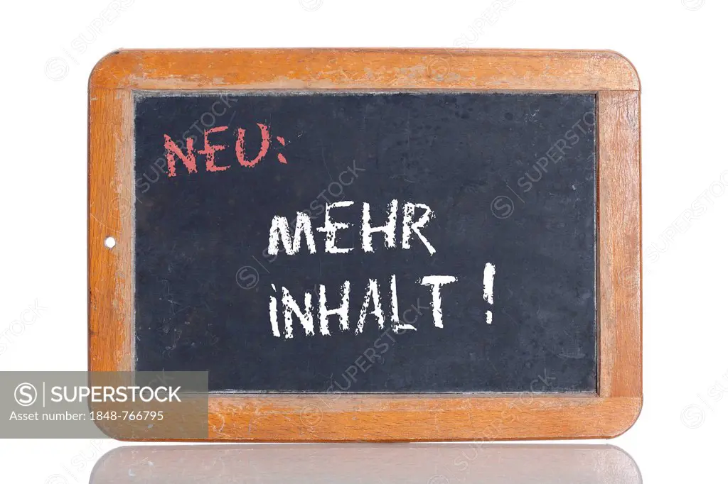 Old school blackboard with the words NEU: MEHR INHALT!, German for New: Contains more