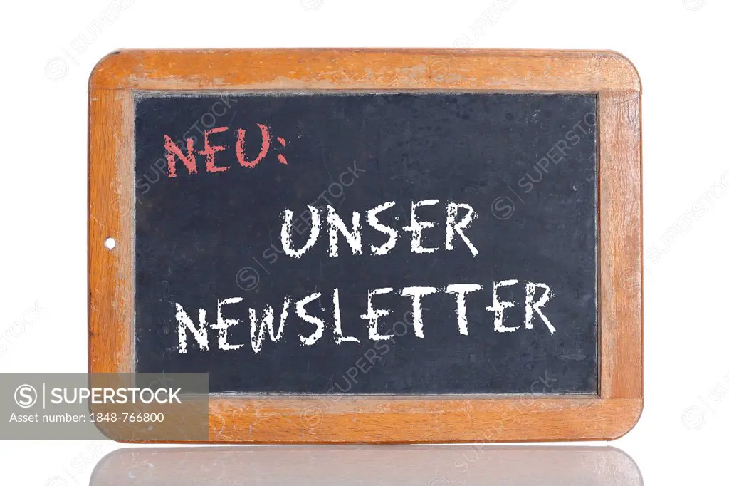 Old school blackboard with the words NEU: UNSER NEWSLETTER, German for New: Our newsletter
