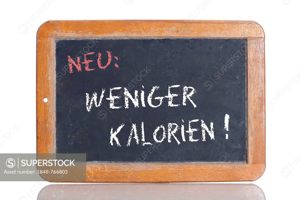 Old school blackboard with the words NEU: WENIGER KALORIEN!, German for New: Less calories!