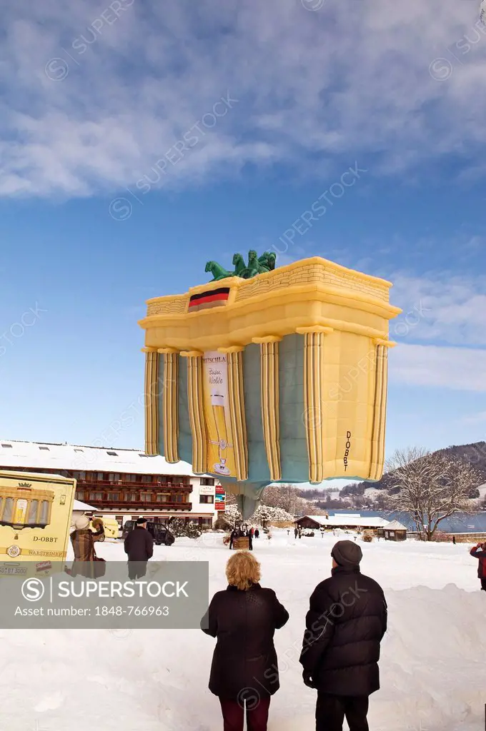Hot-air balloon shaped like the Brandenburg Gate, 12th Tegernseer Tal Montgolfiade, Bad Wiessee, Bavaria, Germany, Europe