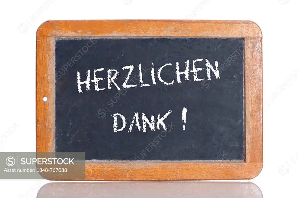 Old chalkboard, lettering HERZLICHEN DANK, German for THANK YOU SO MUCH