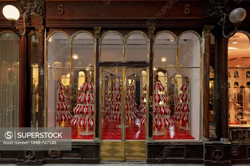 19th century facade of a shop, a shop of the luxury shoe brand Louboutin, Galerie Véro-Dodat, a historic shopping arcade