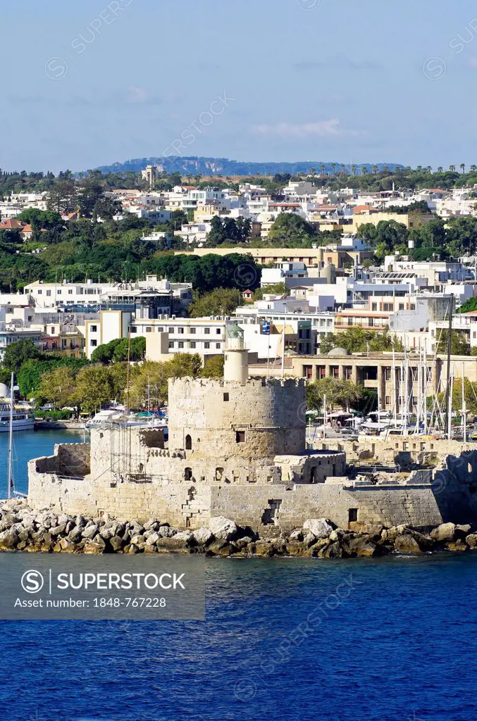 Harbour entrance of Rhodes with the fortified tower of Agios Nikolaos