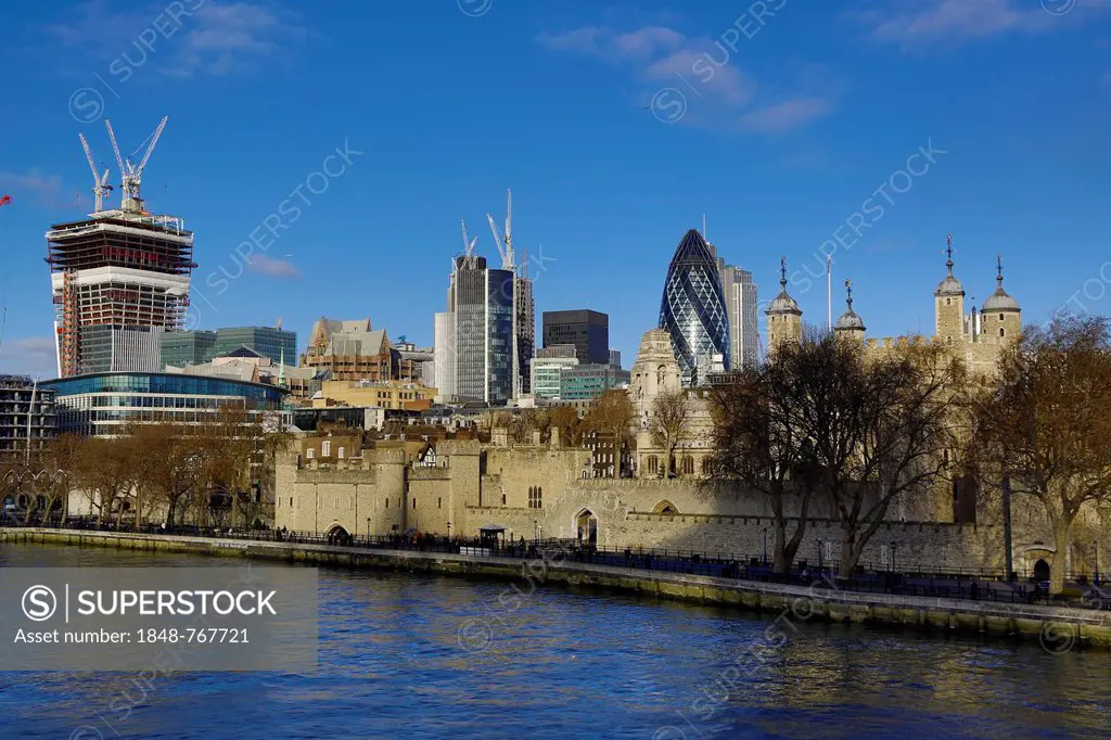 City of London with the Tower of London, Abbey Business Centre, The Gherkin, construction of the office building of 20 Fenchurch Street, seen from Tow...