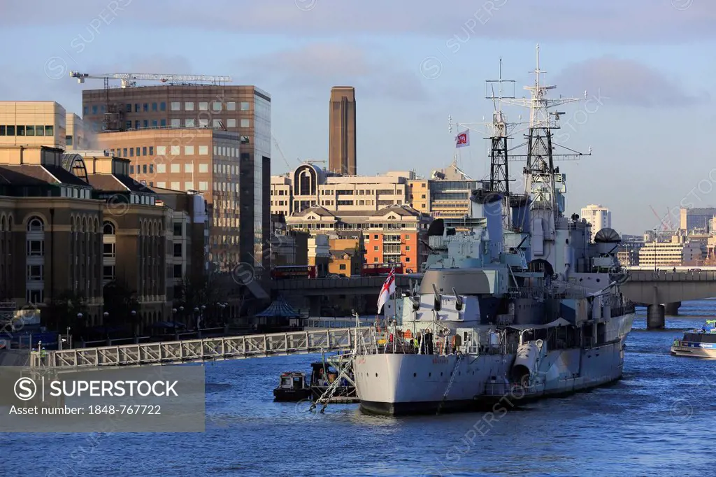 River Thames, HMS Belfast museum ship seen from Tower Bridge