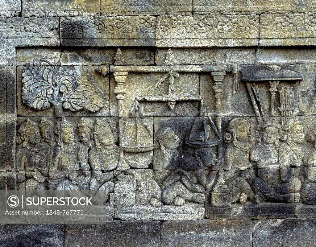 Detail of a wall relief of the temple complex of Borobudur, UNESCO World Cultural Heritage Site