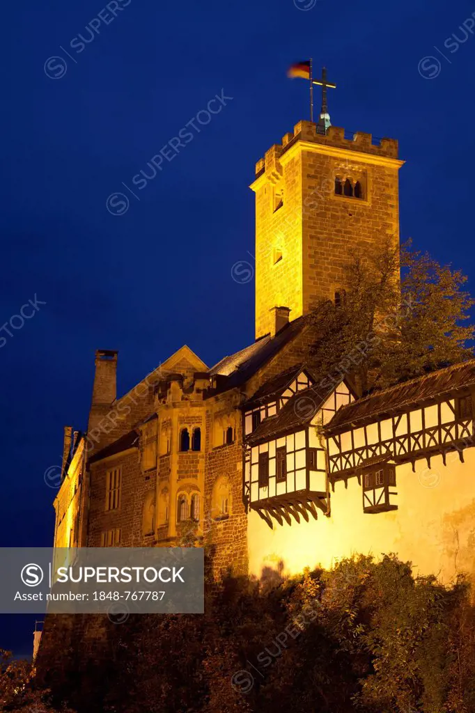 Illuminated Wartburg Castle, UNESCO World Heritage Site, night scene