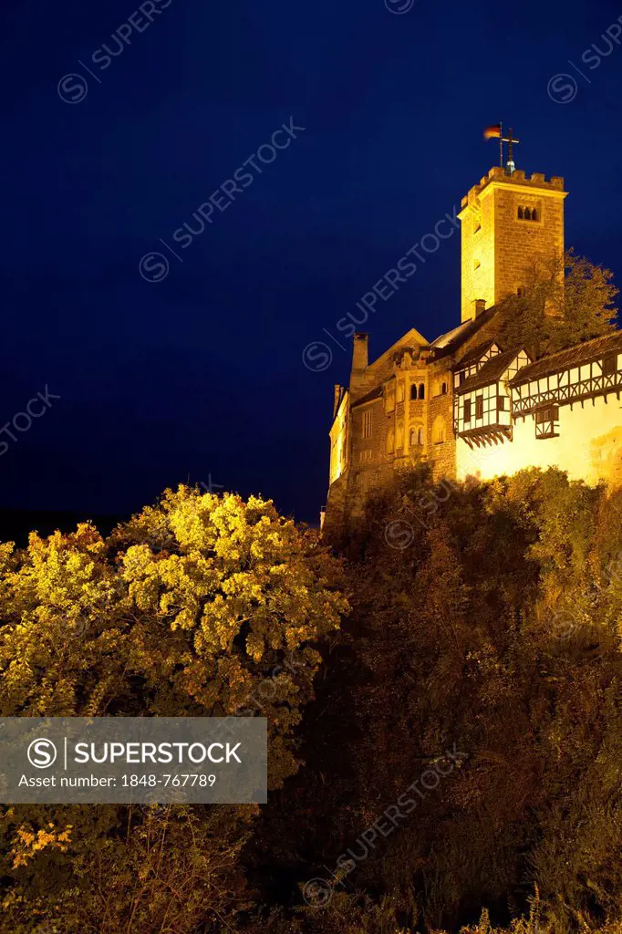 Illuminated Wartburg Castle, UNESCO World Heritage Site, night scene