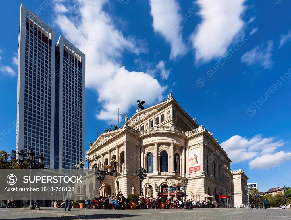 Opernplatz square and Alte Oper, Old Opera House, in front of OpernTurm by Tishman Speyer Property with UBS Bank Westend