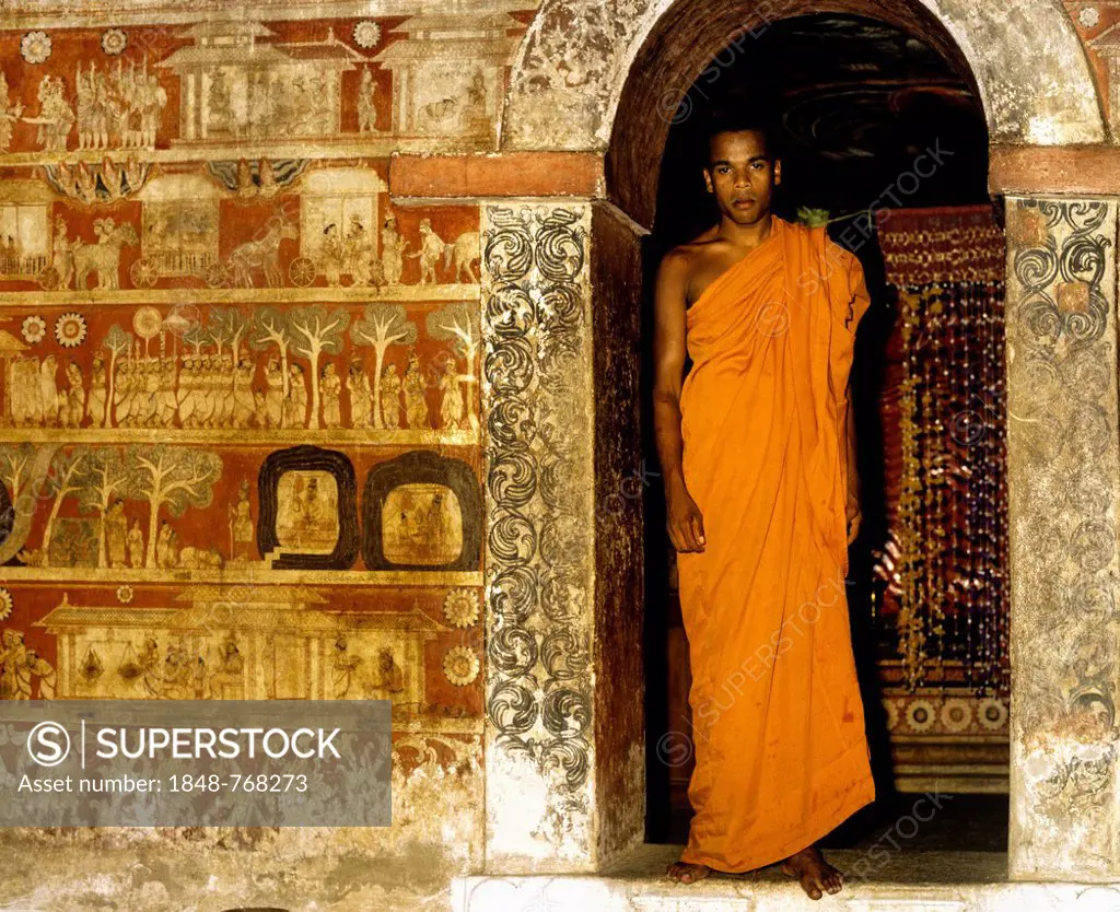 Monk standing at the entrance to the shrine, archway, wall painting, Degaldoruwa Cave Temple
