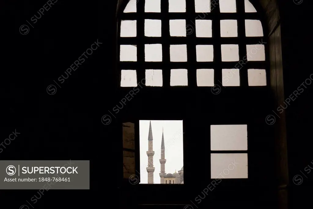 View of minarets from a barred window on the upper floor of the Hagia Sofia