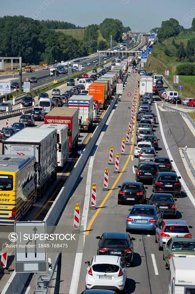 Traffic jam at a construction site at Autobahnkreuz Neufahrn interchange
