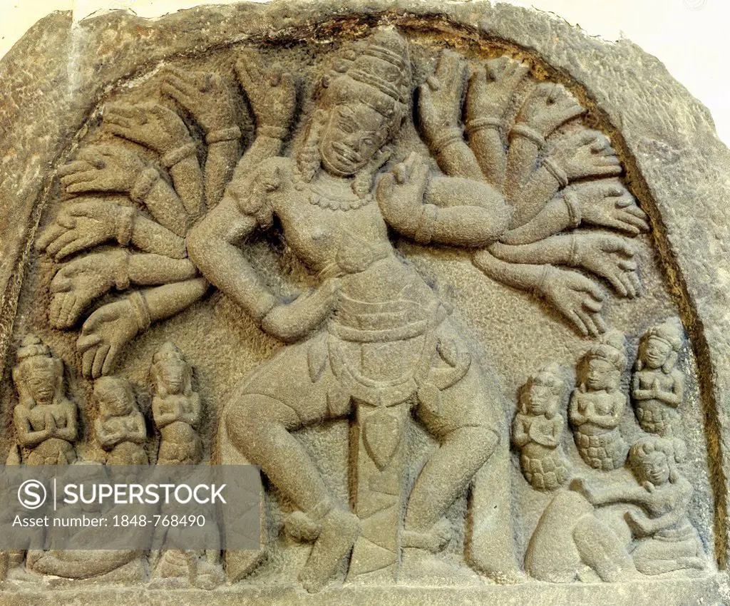 Sandstone relief, 16-armed deity Shiva, dancing god, Khueng My style, 10th century, Cham Museum