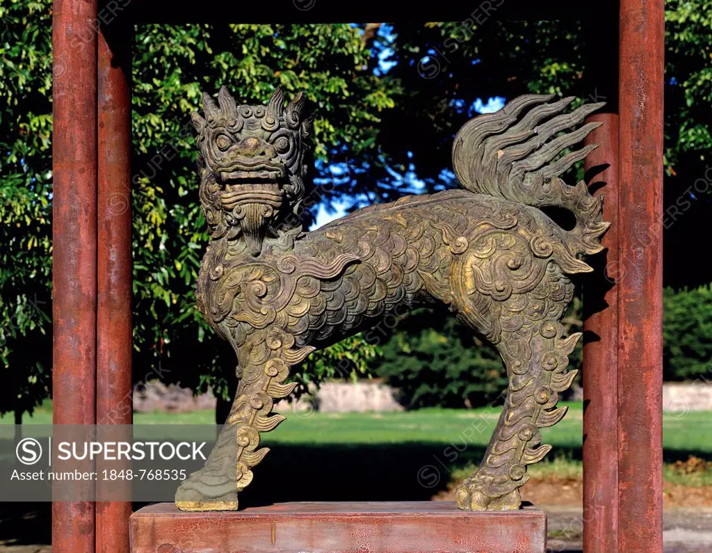 Bronze lion sculpture in the park of the Imperial Palace of Hoang Thanh, citadel