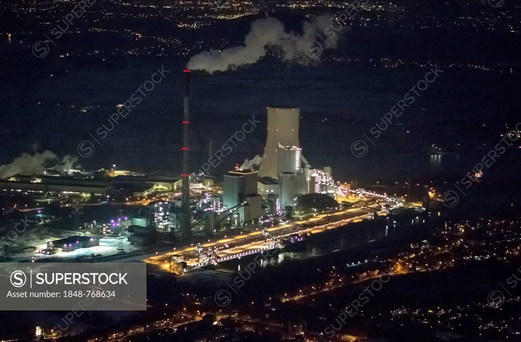 Aerial view, coal-fired power plant in Duisburg-Walsum, STEAG, municipal utility, at night