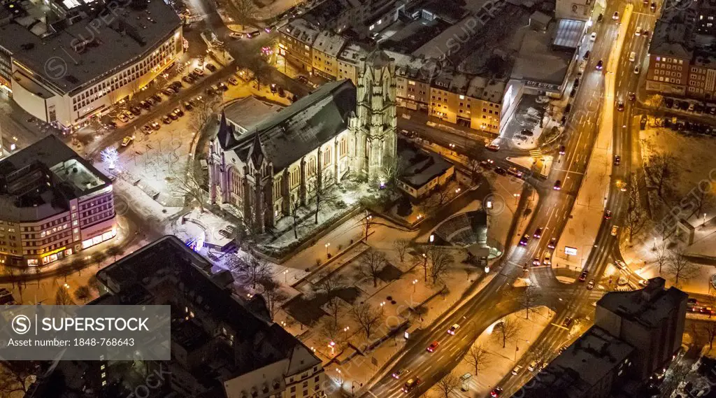 Aerial view, Gertrudiskirche church, at night