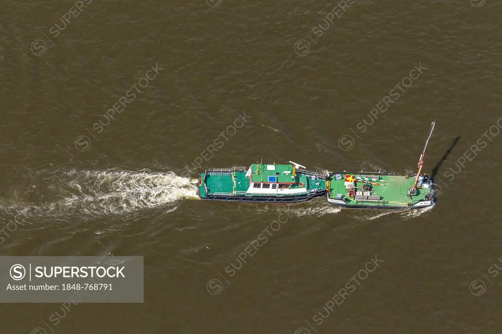 Aerial view, Bitter ferry on the Elbe River pushing the Herrenhaus lighter