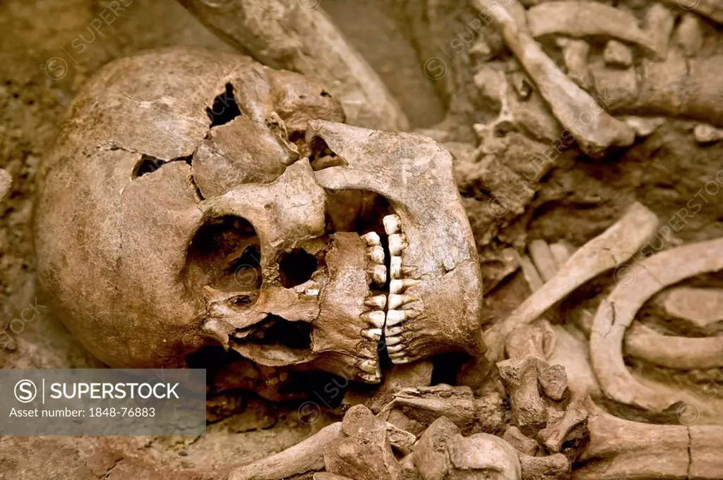 Human skeleton in an open grave