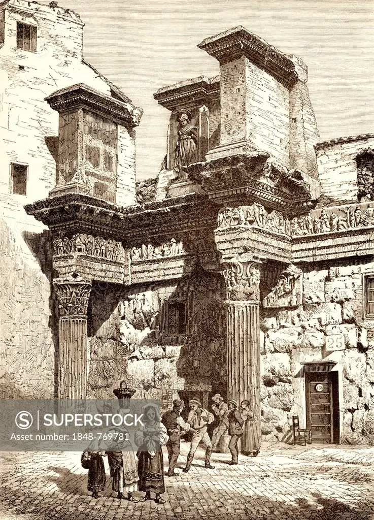 Historic drawing, entrance to the Forum of Nerva, Transient Forum or Forum Transitorium, Imperial Forum, 19th Century