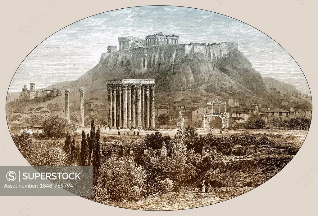 Historic drawing, Temple of Jupiter at the foot of the Acropolis, Athens, Greece, Europe, 19th Century
