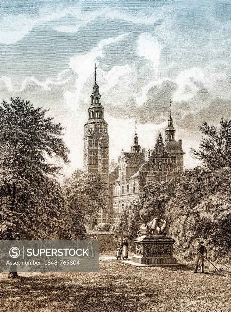 Historic drawing, Rosenborg Castle or Rosenborg Slot in Copenhagen, 19th Century