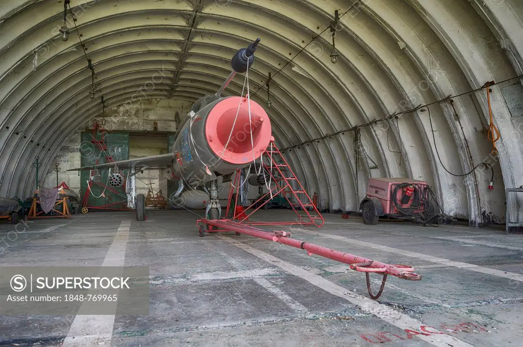 MIG-21 SMT aircraft, a relatively rare version in Germany, left behind in 1993 by the Soviet air forces during their withdrawal, in a hangar at the Al...