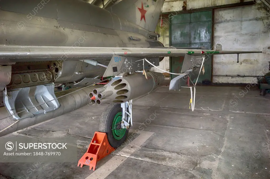 MIG-21 SMT aircraft, a relatively rare version in Germany, left behind in 1993 by the Soviet air forces during their withdrawal, in a hangar at the Al...