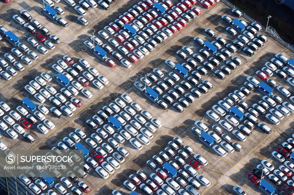 Aerial view, parking space for vehicles, vehicle logistics, BLG Logistics Group