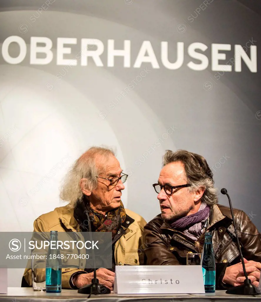 The artist Christo, left, with project manager Wolfgang Volz, press conference at the opening of the exhibition of the Christo-installation Big Air Pa...