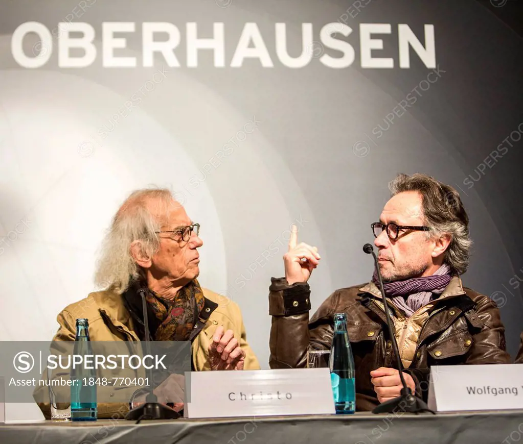 The artist Christo, left, with project manager Wolfgang Volz, press conference at the opening of the exhibition of the Christo-installation Big Air Pa...