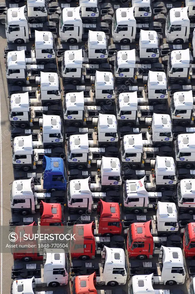 Aerial view, tractor units of trucks parked close together, stockpile, of the company Equipment Services