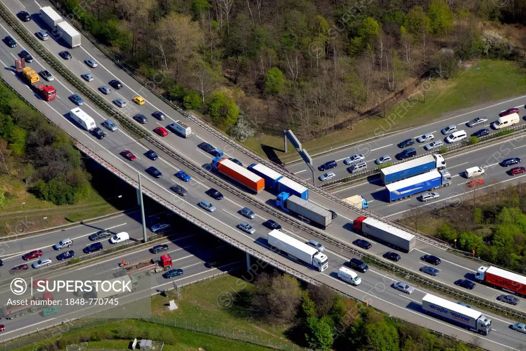Aerial view, traffic jam on a motorway, Autobahn