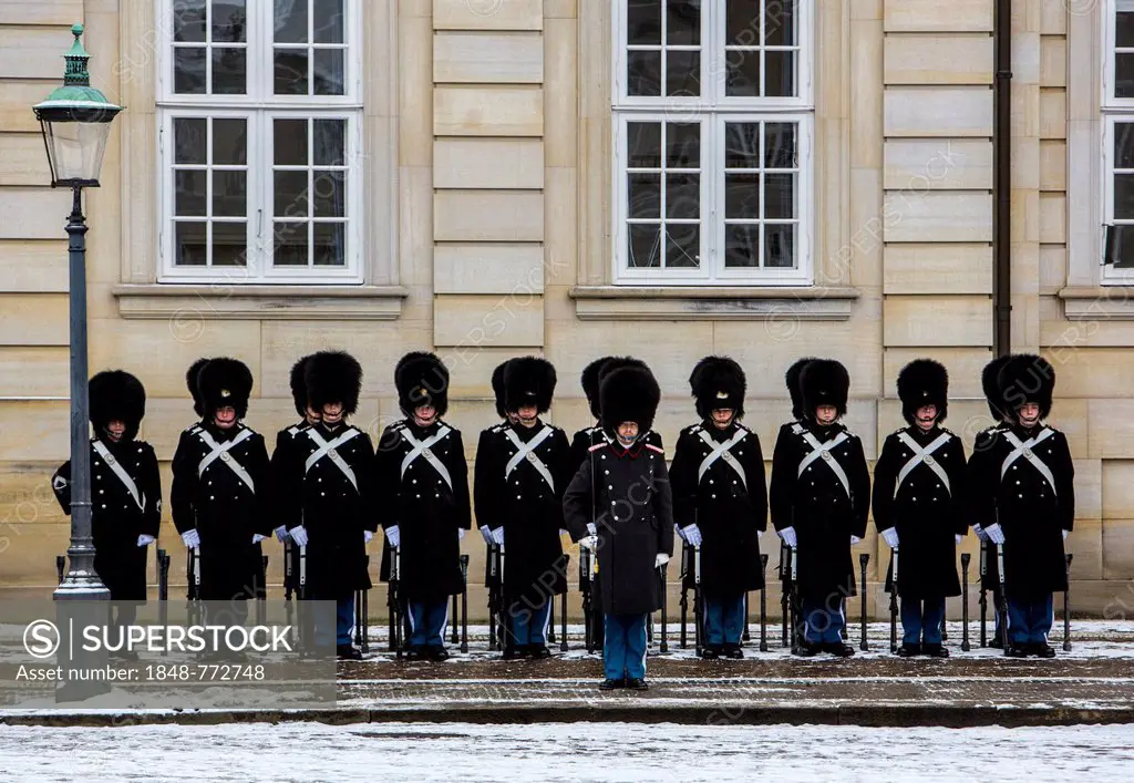 Changing of the guard, royal bodyguards, ceremony outside the Amalienborg royal palace