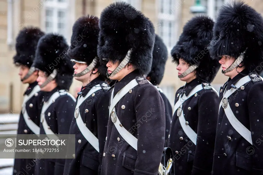 Changing of the guard, royal bodyguards, ceremony outside Amalienborg royal palace