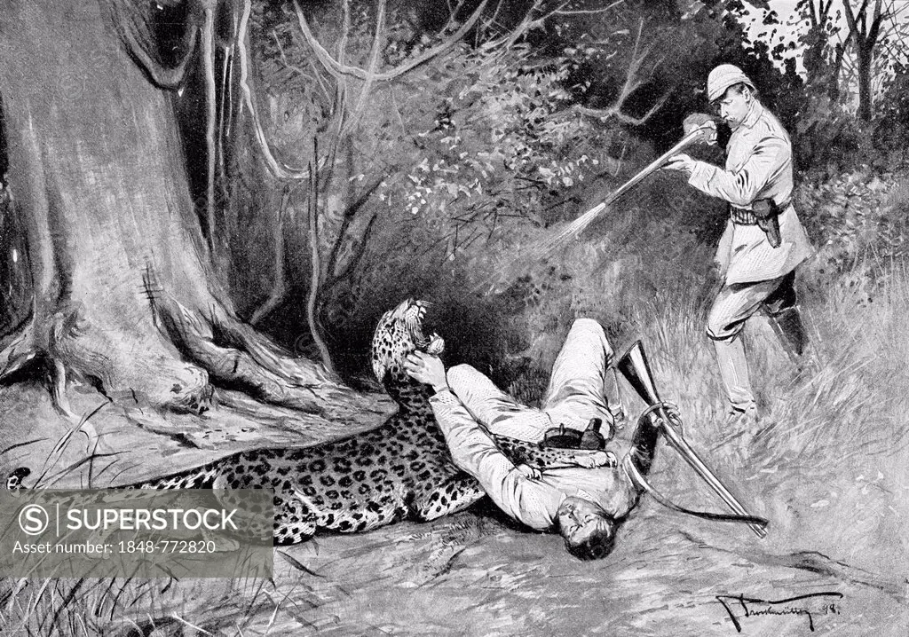 Leopard hunting in German South-West Africa, illustration from the Yearbook of Modern Art in Master Woodcuts, 1900