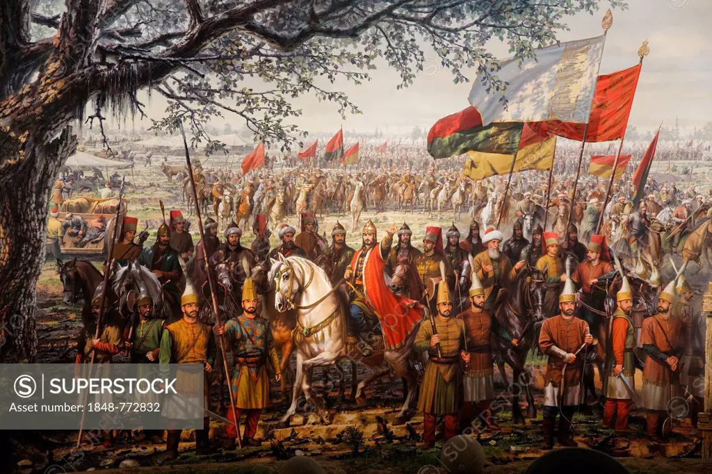 Painting of the conquest of Constantinople in 1453 by the Ottomans under Sultan Fatih Sultan Mehmed, Museum Panorama 1453 in Topkapi city park
