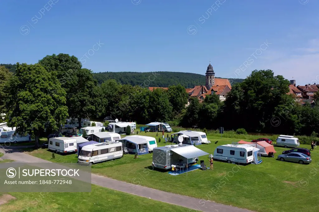 Campsite with caravans, Hannoversch Muenden at back