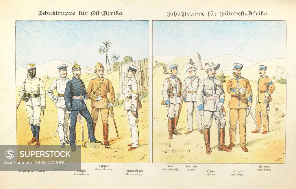 Illustration, lithography, uniforms of Imperial German colonial soldiers in East Africa and South-west Africa, late 19th century, coloured