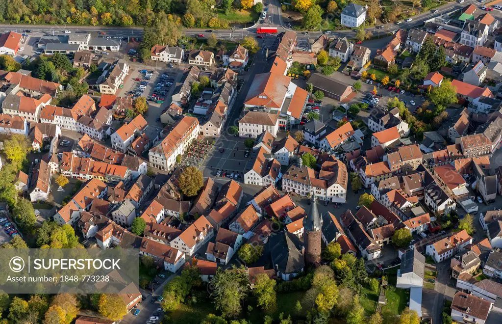 Aerial view, historic town centre with historic houses