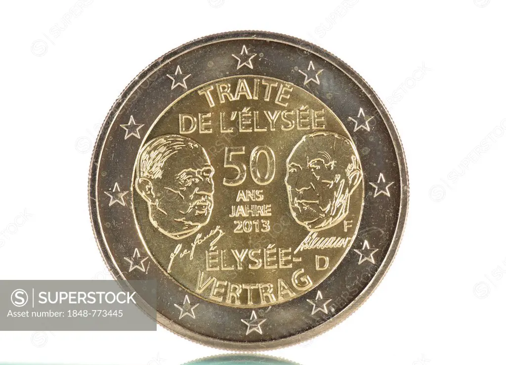 2013 commemorative coin, 50 years of the Elysée Treaty, Adenauer and De Gaulle, Stuttgart Mint F, rear, 2-euro coin