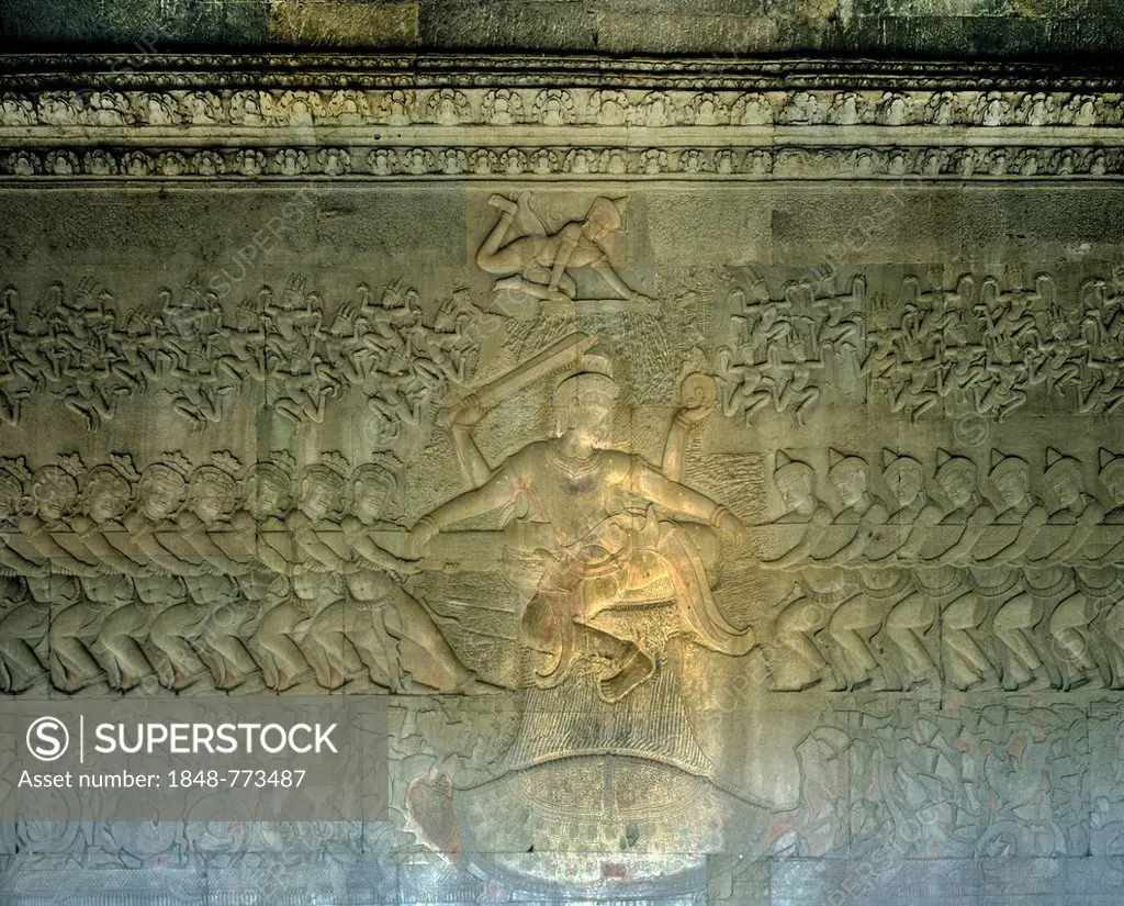 Demons churning the Ocean of Milk, sandstone relief in the temple of Angkor Wat, UNESCO World Cultural Heritage Site