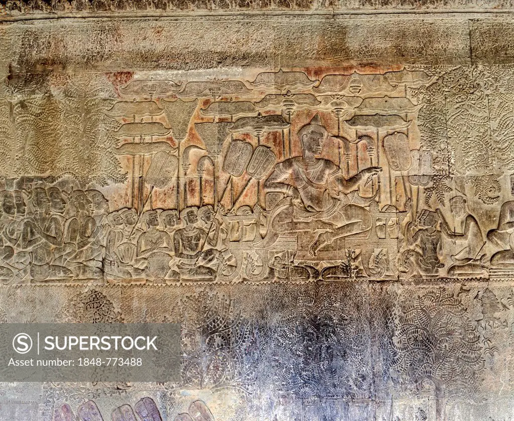 King Suryavarman II holding court, sandstone relief in the temple of Angkor Wat, UNESCO World Cultural Heritage Site