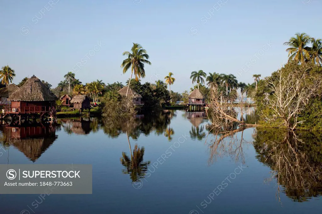 Early morning at Villa Guama, small hotel on stilts in the style of a Native American village
